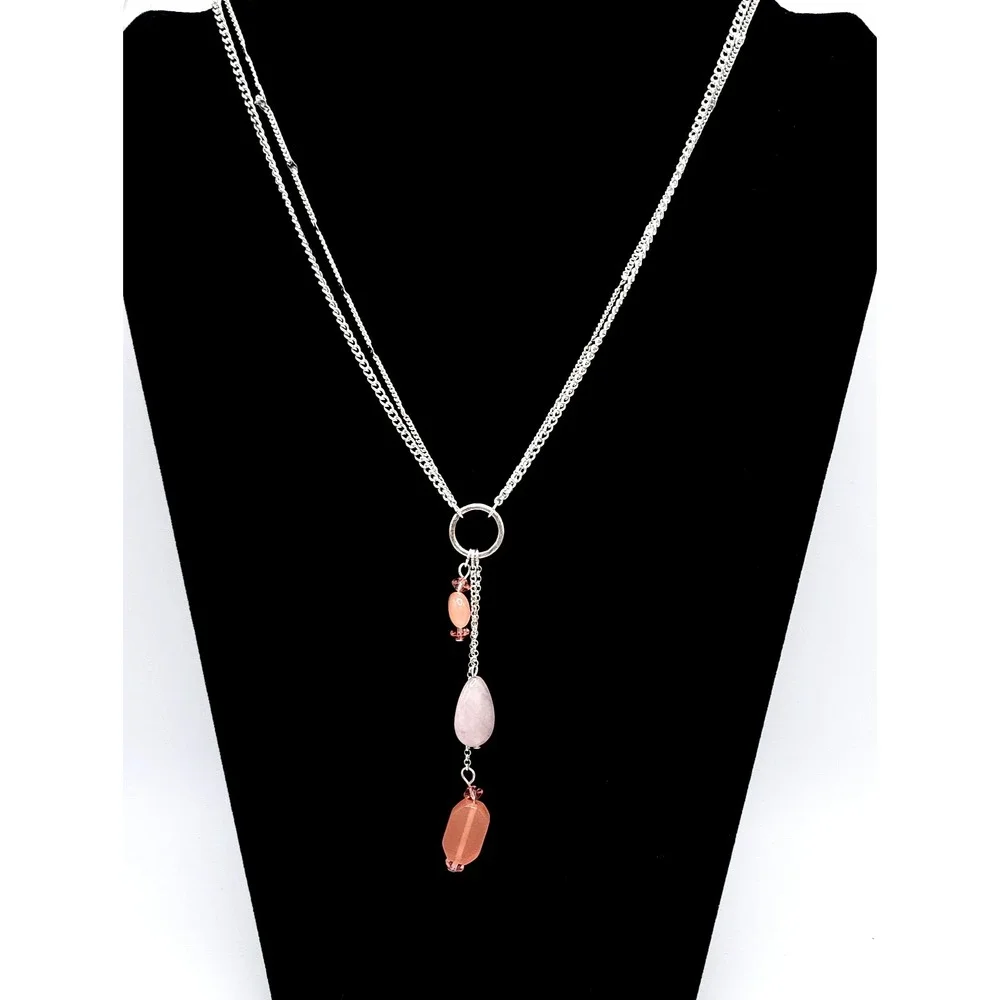 Bill Blass Double Strand Necklace‎ Pink Bead Signed Silver